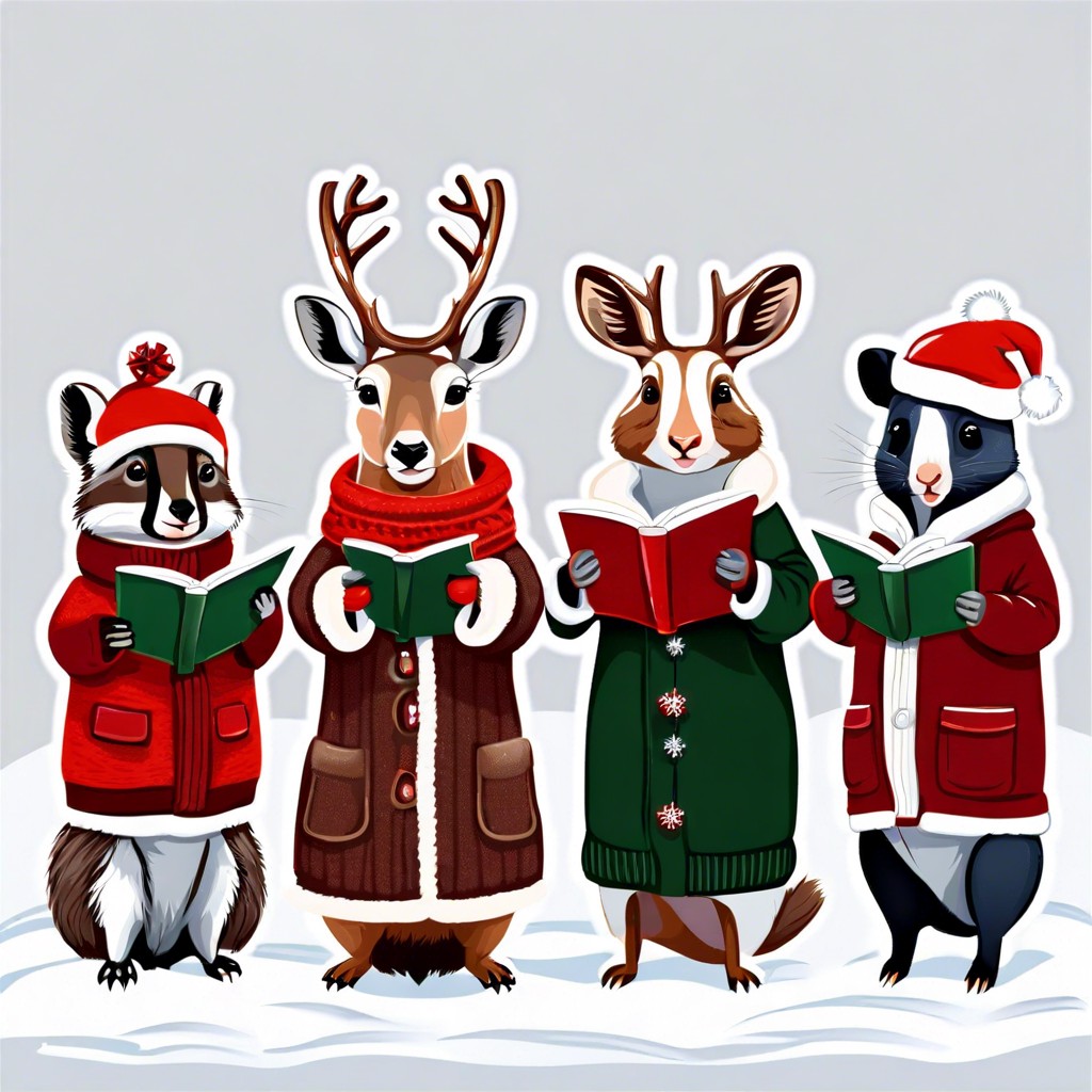 caroling animals in winter attire