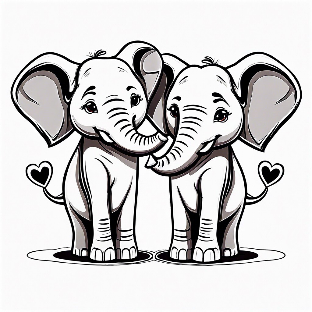 cartoon animals in pairs like elephants or giraffes with intertwined trunksnecks forming hearts