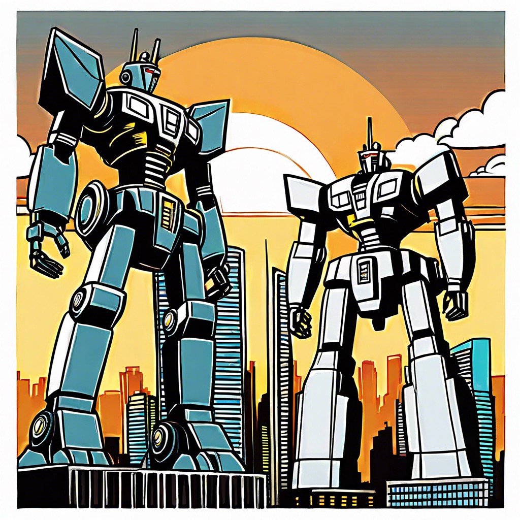 cartoon style giant robots in a cityscape