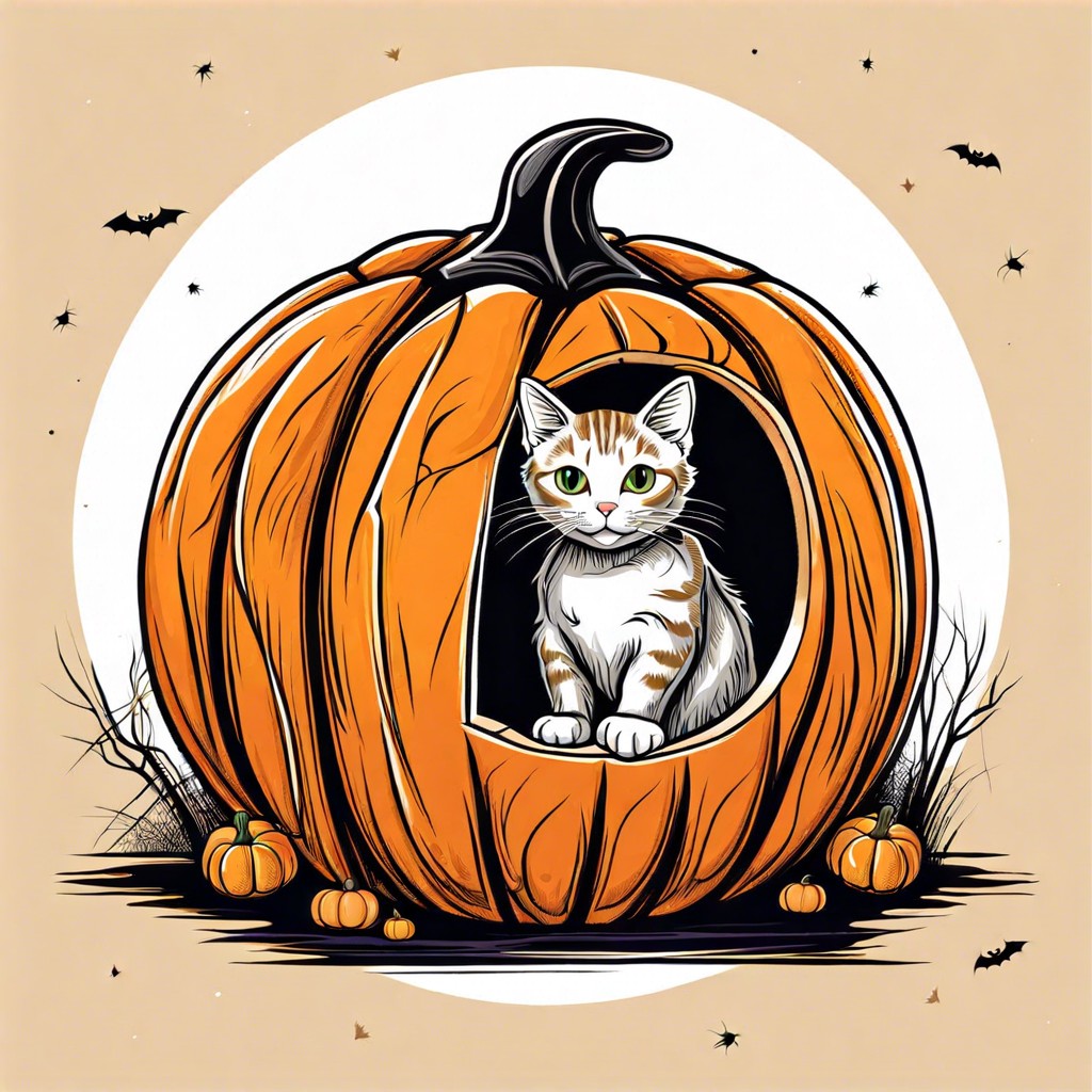 cat peeking out of a pumpkin