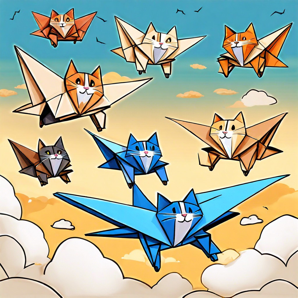 cats flying on paper airplanes