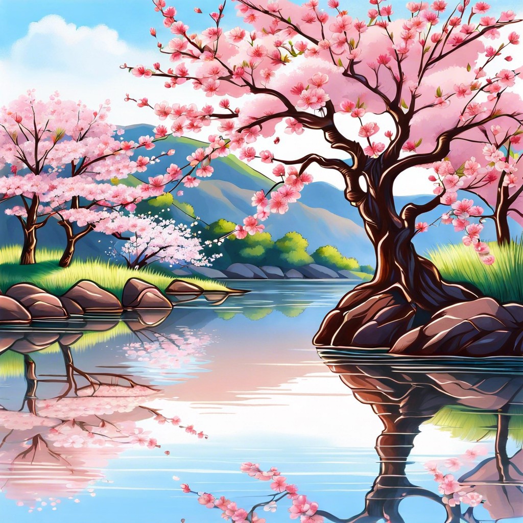 cherry blossoms over a tranquil pond