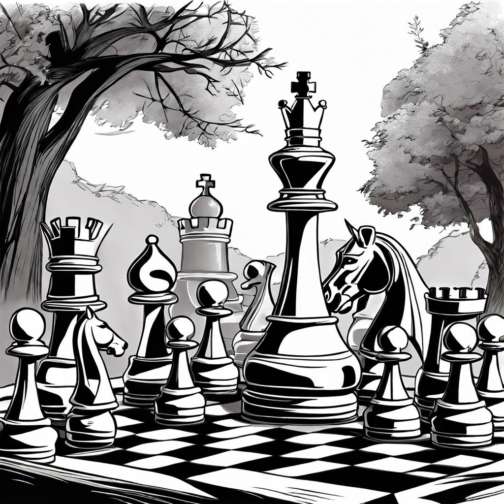chess park where the pieces are alive and act out their moves in theatrical combat