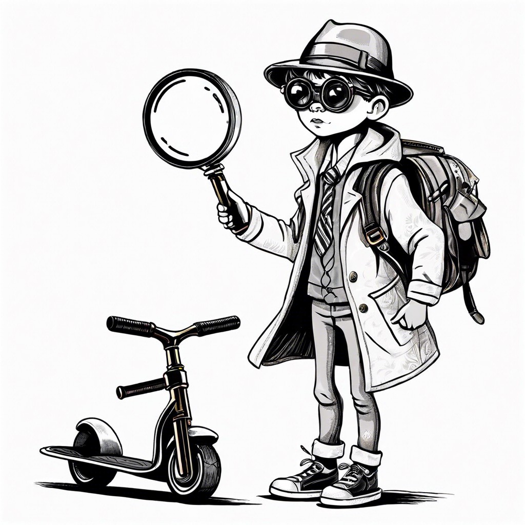 child prodigy detective with a magnifying glass and a hoverboard
