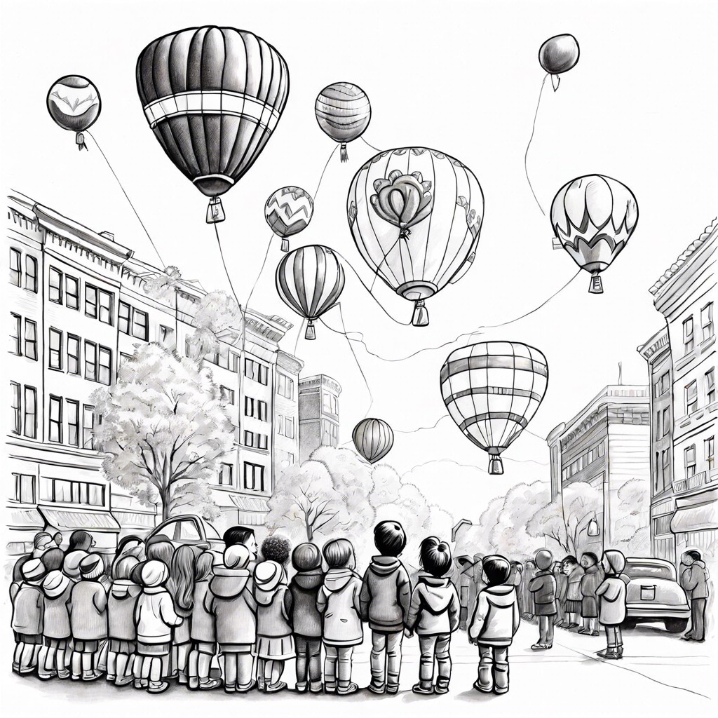children watching a thanksgiving parade with balloons and floats