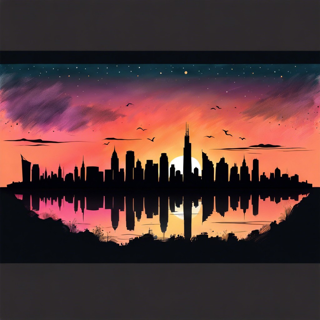 city skyline silhouette at sunset