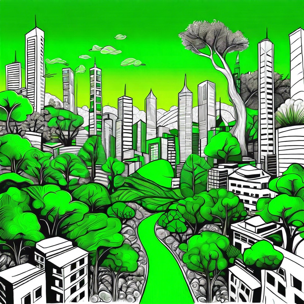 cityscape transitioning into a lush forest