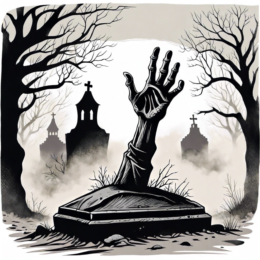 clawed hand reaching from a misty grave