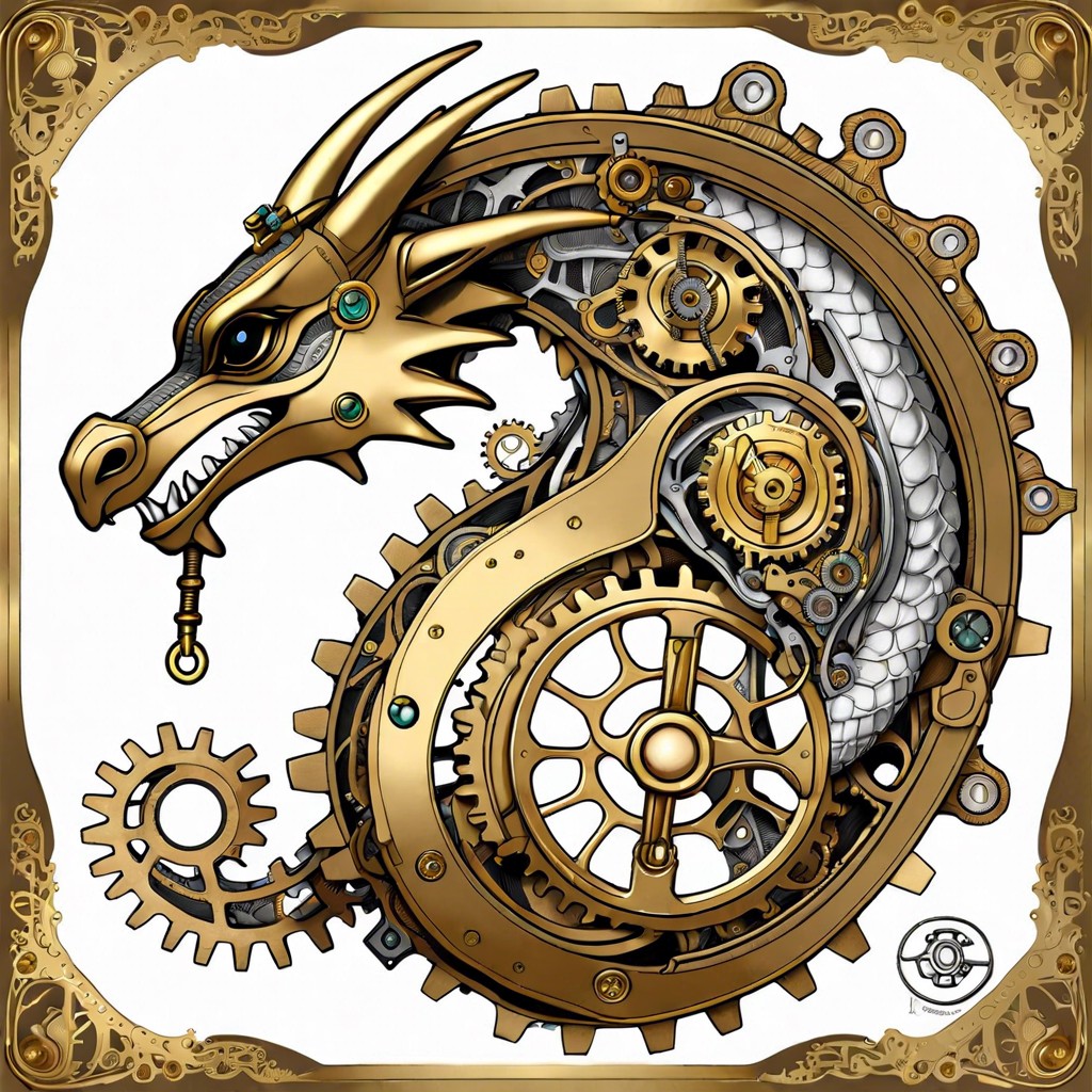 clockwork dragon with visible cogs and a key winding mechanism