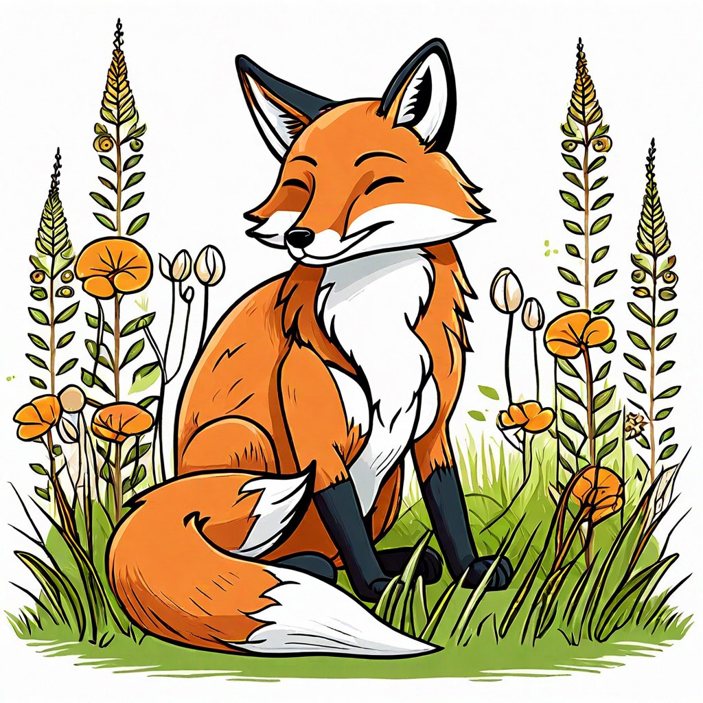 compose a cartoon fox sitting in a meadow