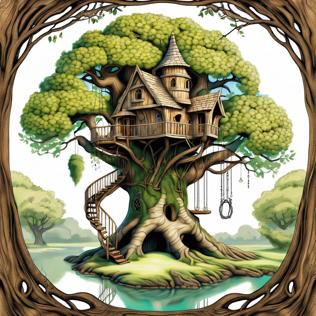 craft a whimsical treehouse in an old oak tree