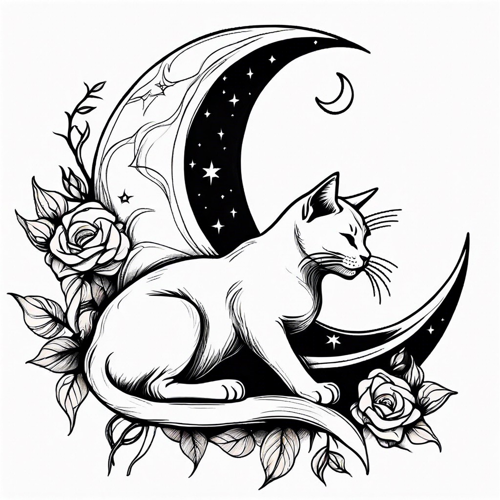 crescent moon cradling a sleepy cat outline