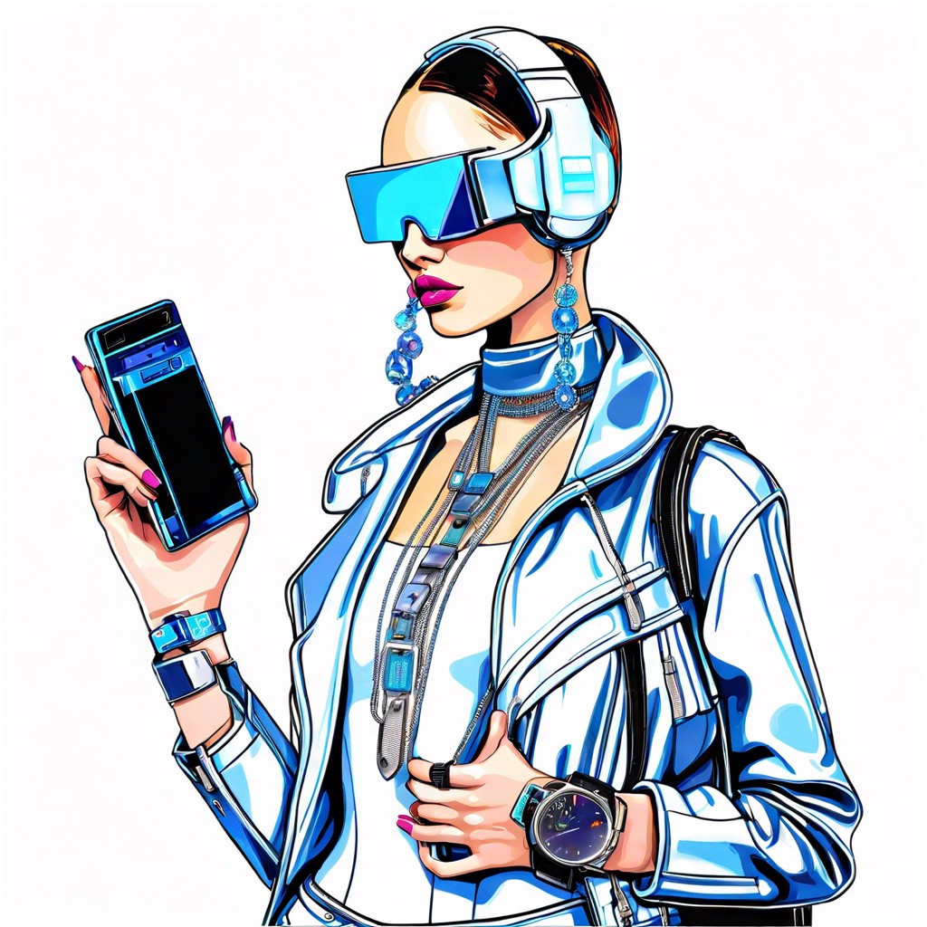 cyber fashion models displaying early 2000s tech like wearable devices