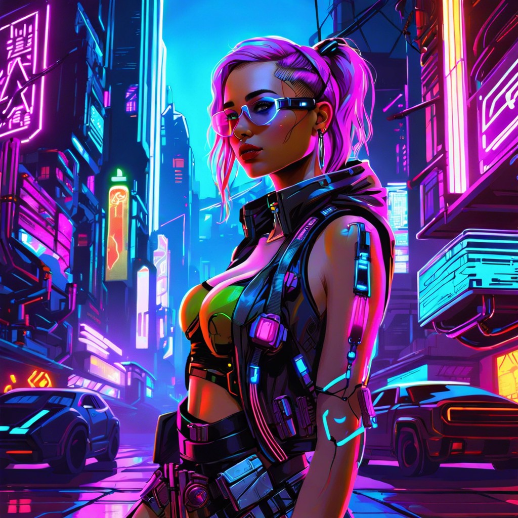 cyberpunk girl with neon lights and futuristic cityscape