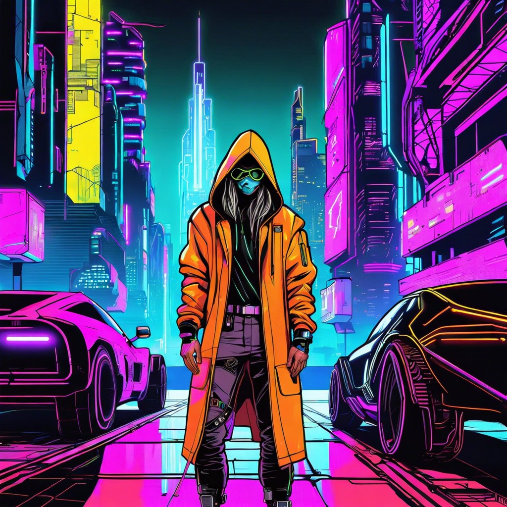 cyberpunk hacker with neon light accented coat