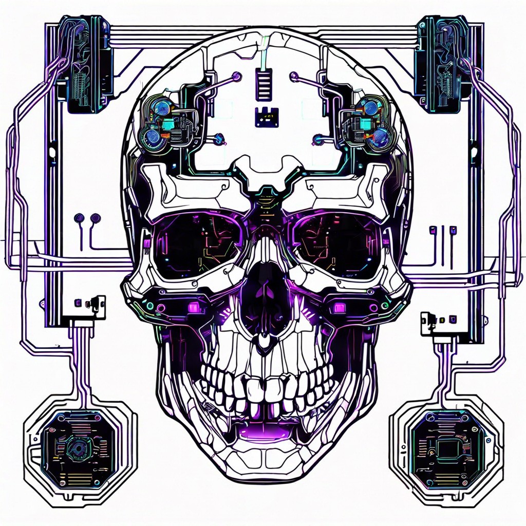 cyberpunk skull with neon lights and digital elements