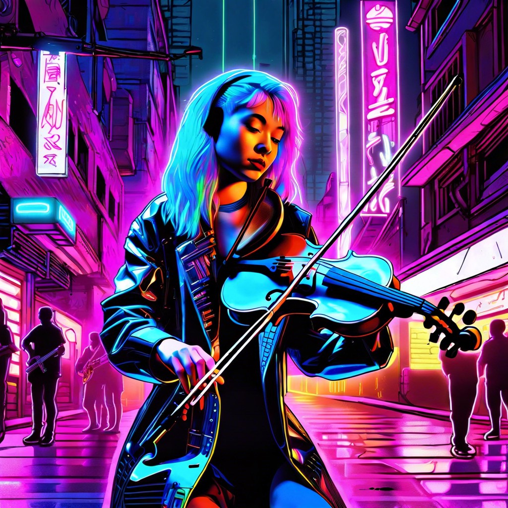 cyberpunk street musician with a glowing violin