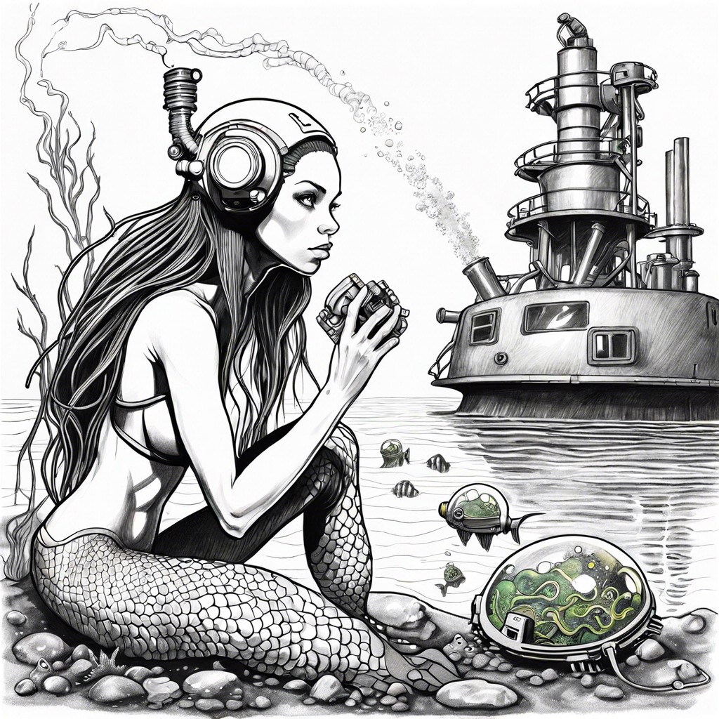 cyborg mermaid exploring polluted ocean depths