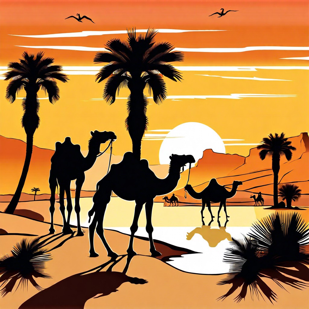 desert oasis with palm trees and camels