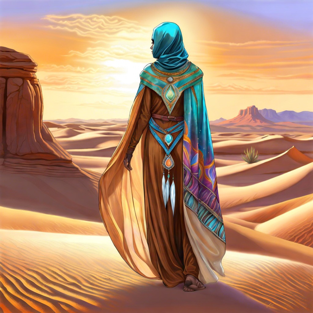 desert wanderer with a cloak made of transparent silk