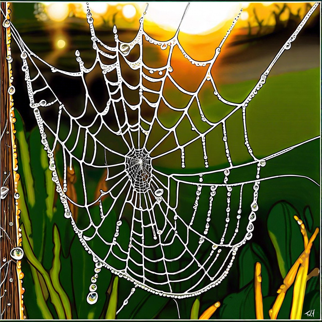dewdrops on a spider web in morning light