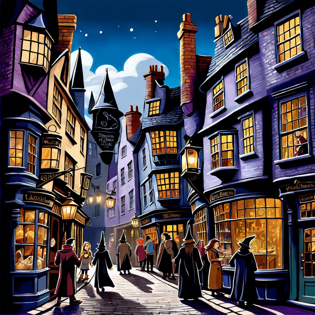 diagon alley shops and bustling wizards