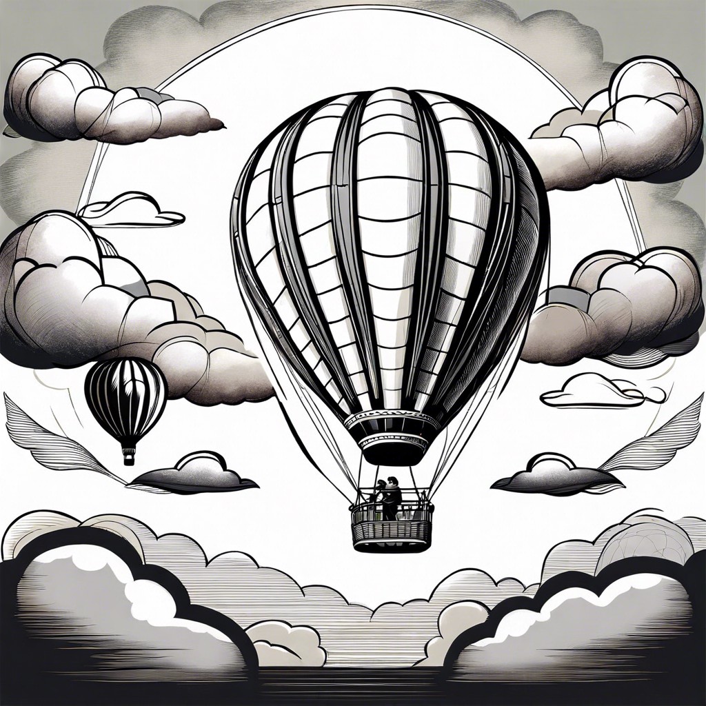 doodle a hot air balloon floating amidst clouds