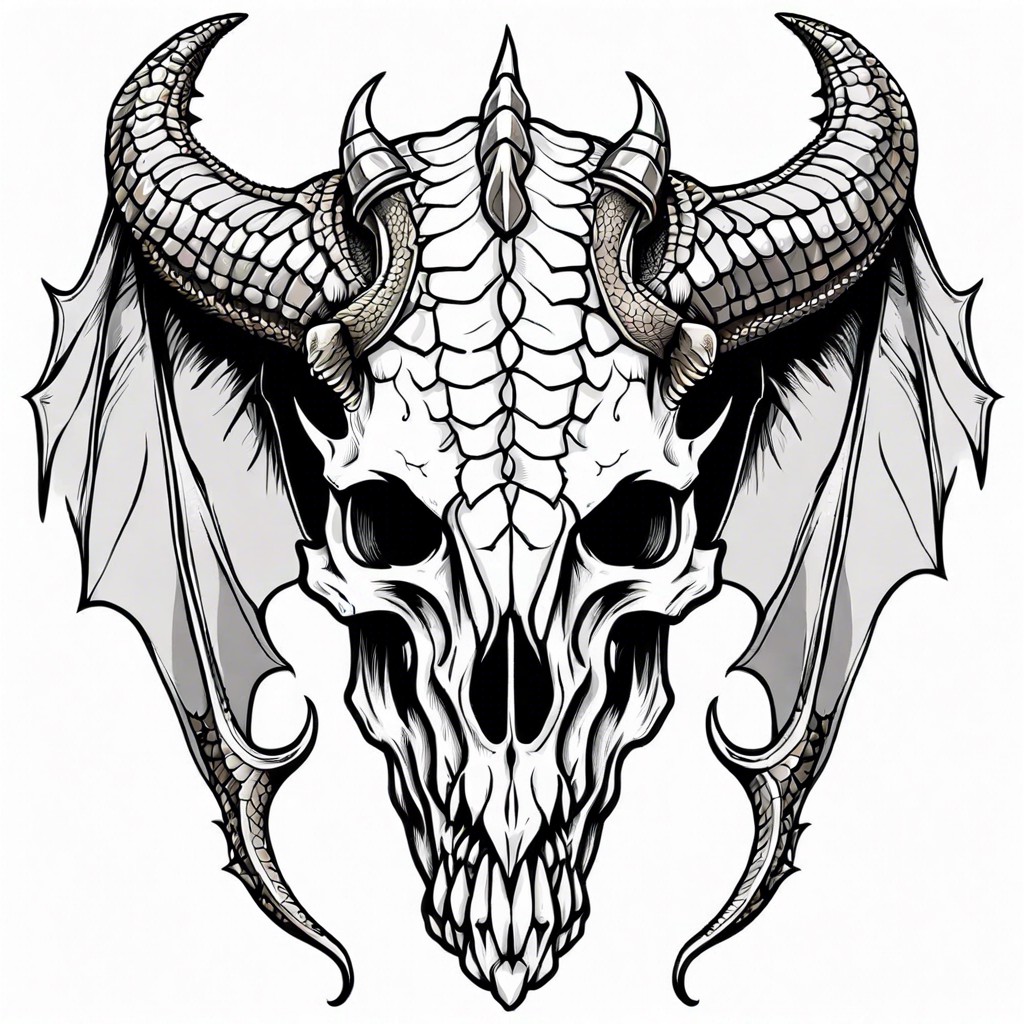 dragon themed skull with horns and scales