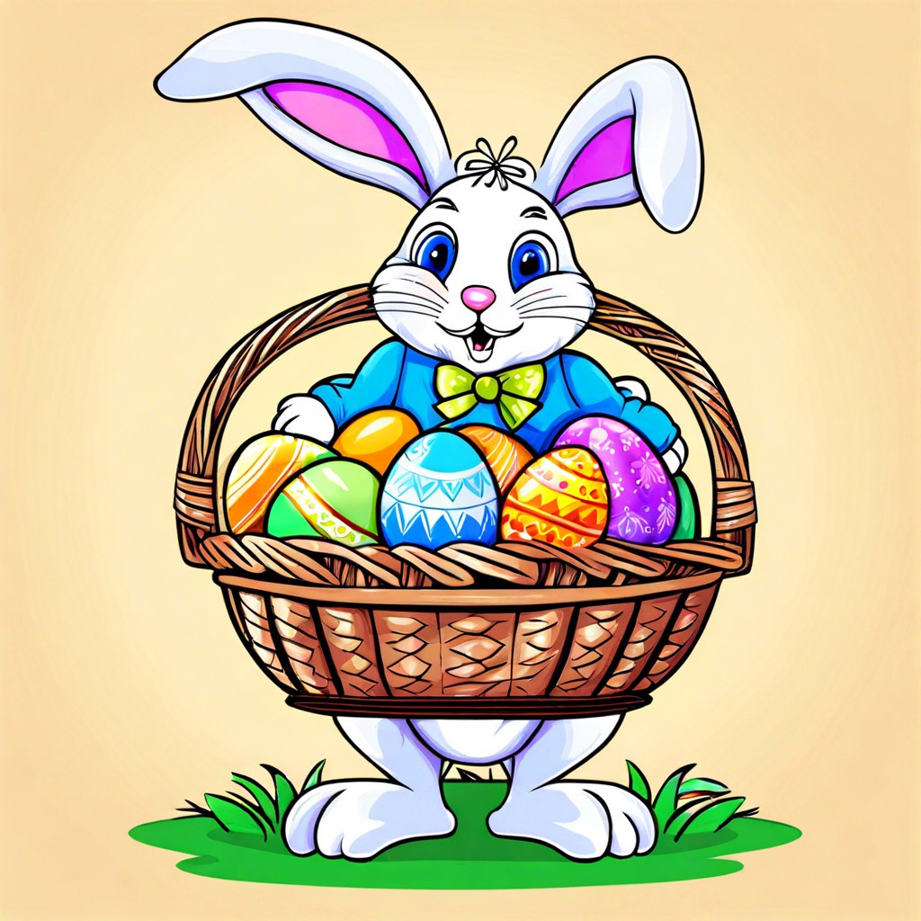 easter bunny with a basket of decorated eggs