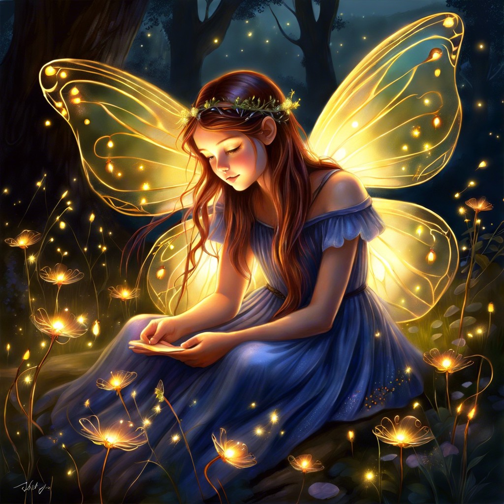 fairy girl with delicate wings surrounded by fireflies