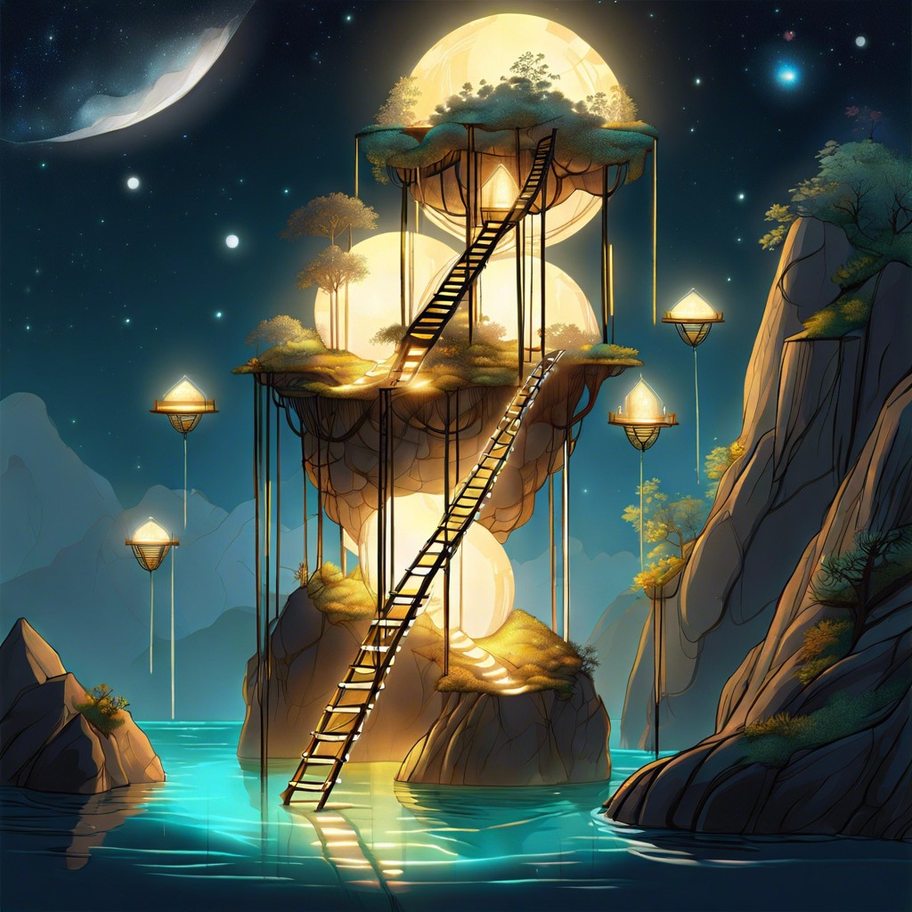 floating islands connected by ladders made of light