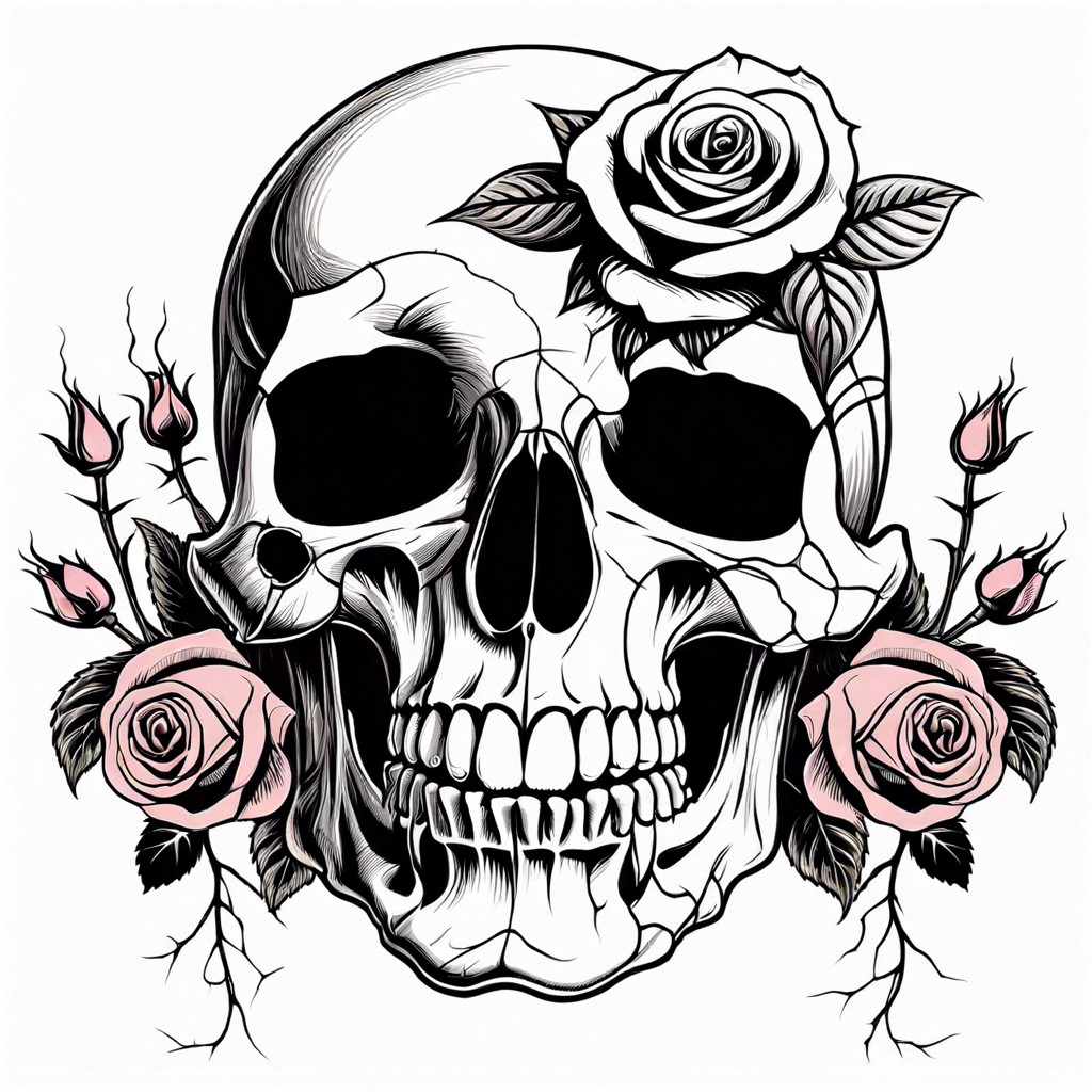 floral skull with roses growing through the eye sockets