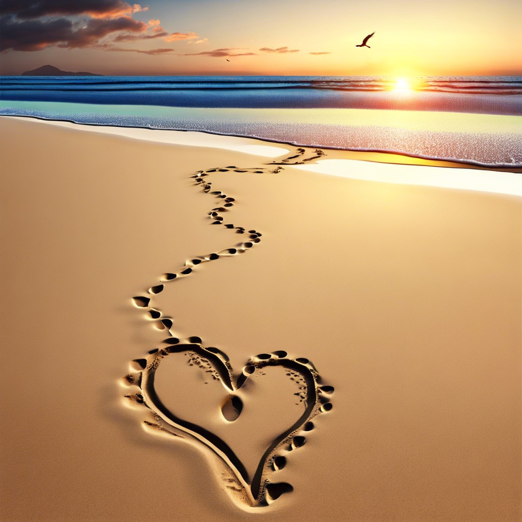 footprints in the sand leading to a heart