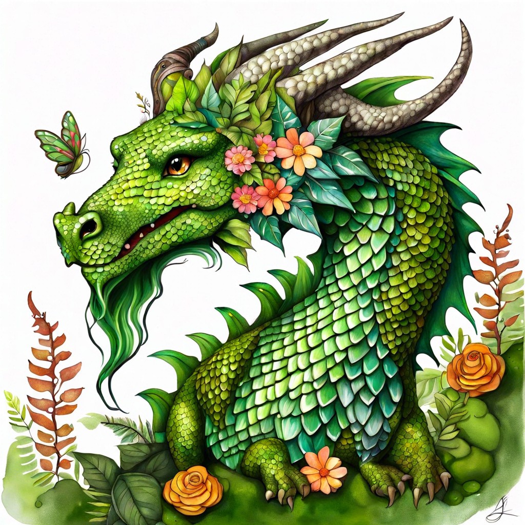 forest guardian dragon with moss and flowers adorning its scales
