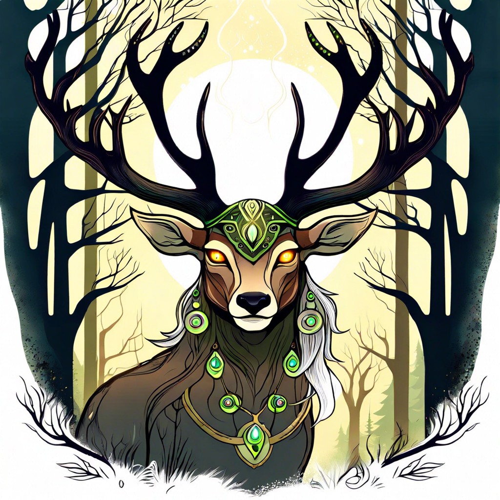 forest guardian with antler like branches and glowing eyes