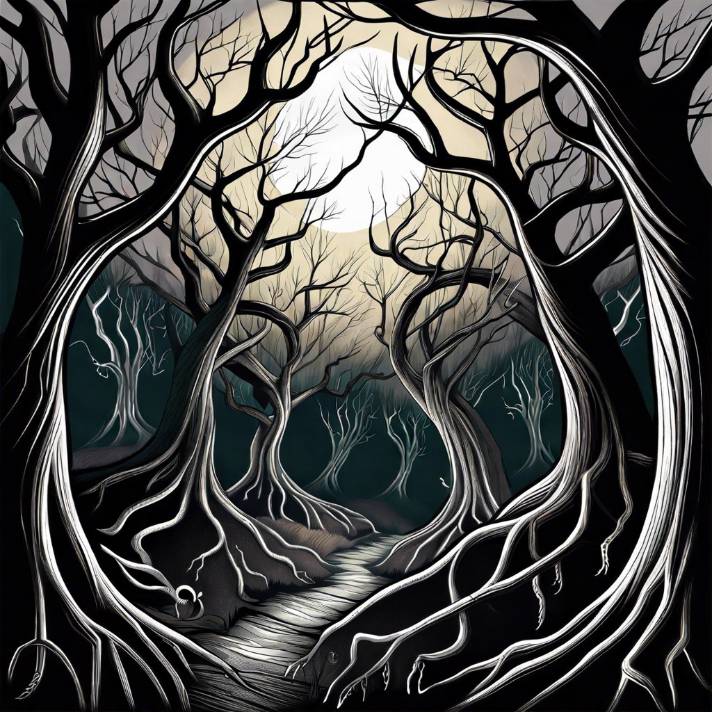 forest of twisted trees with glowing eyes among the branches