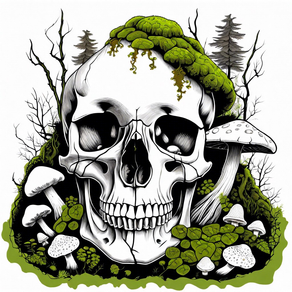 forest skull moss and mushrooms growing on it
