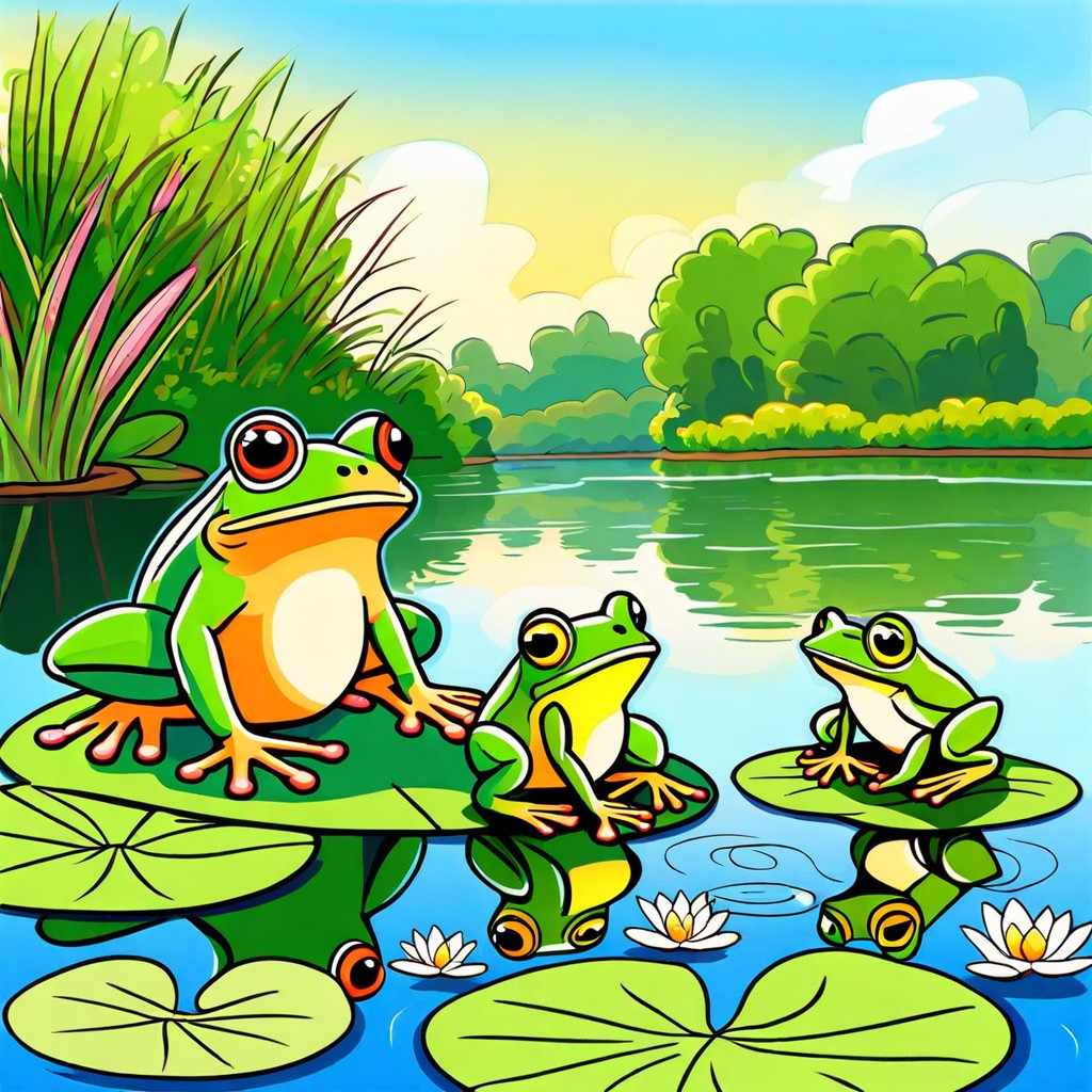 frogs and lily pads on a sunny riverbank