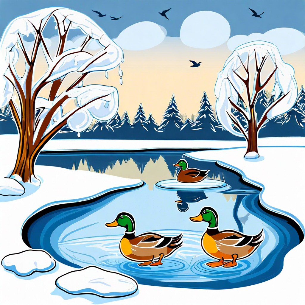 frozen pond with ducks standing on ice