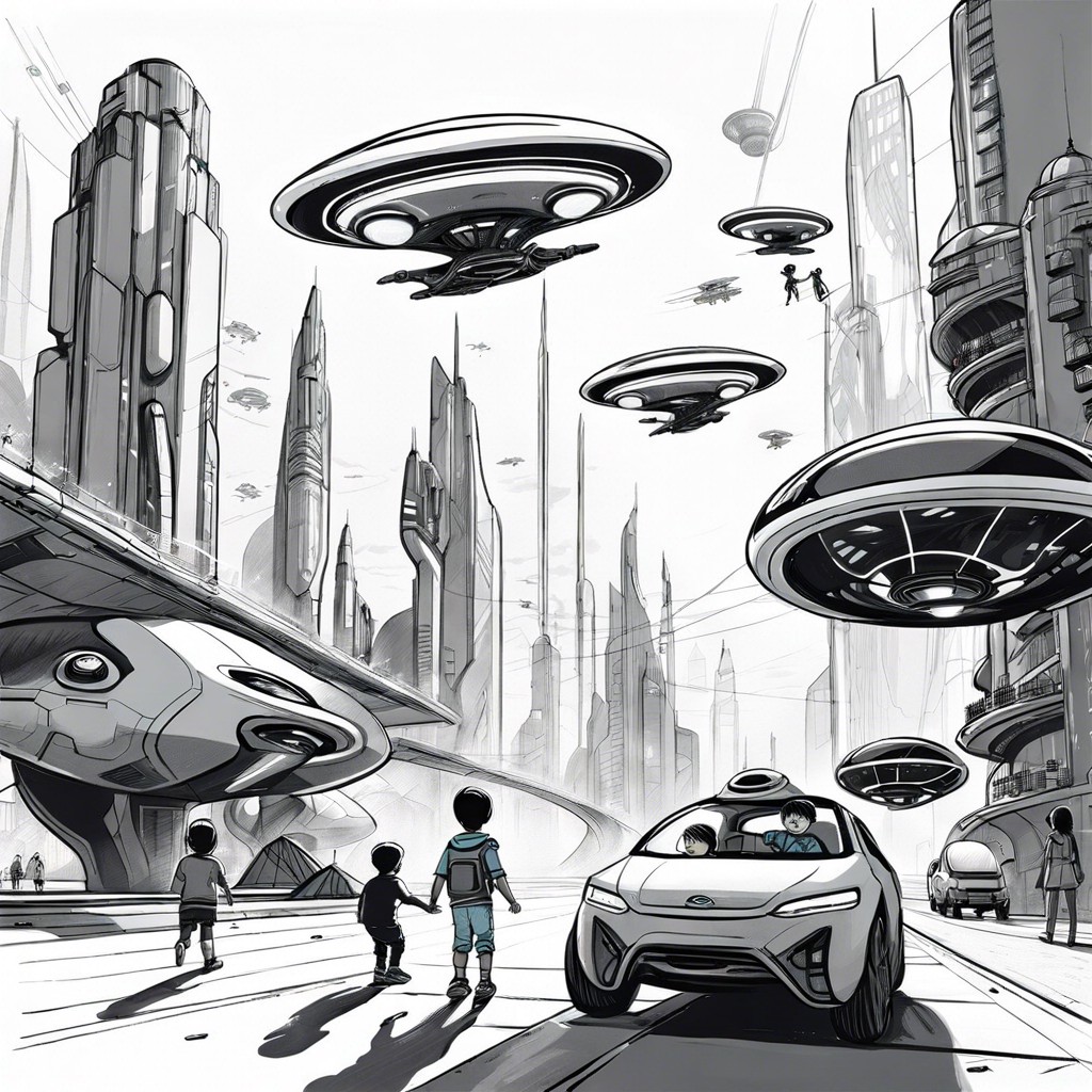 futuristic city with flying cars