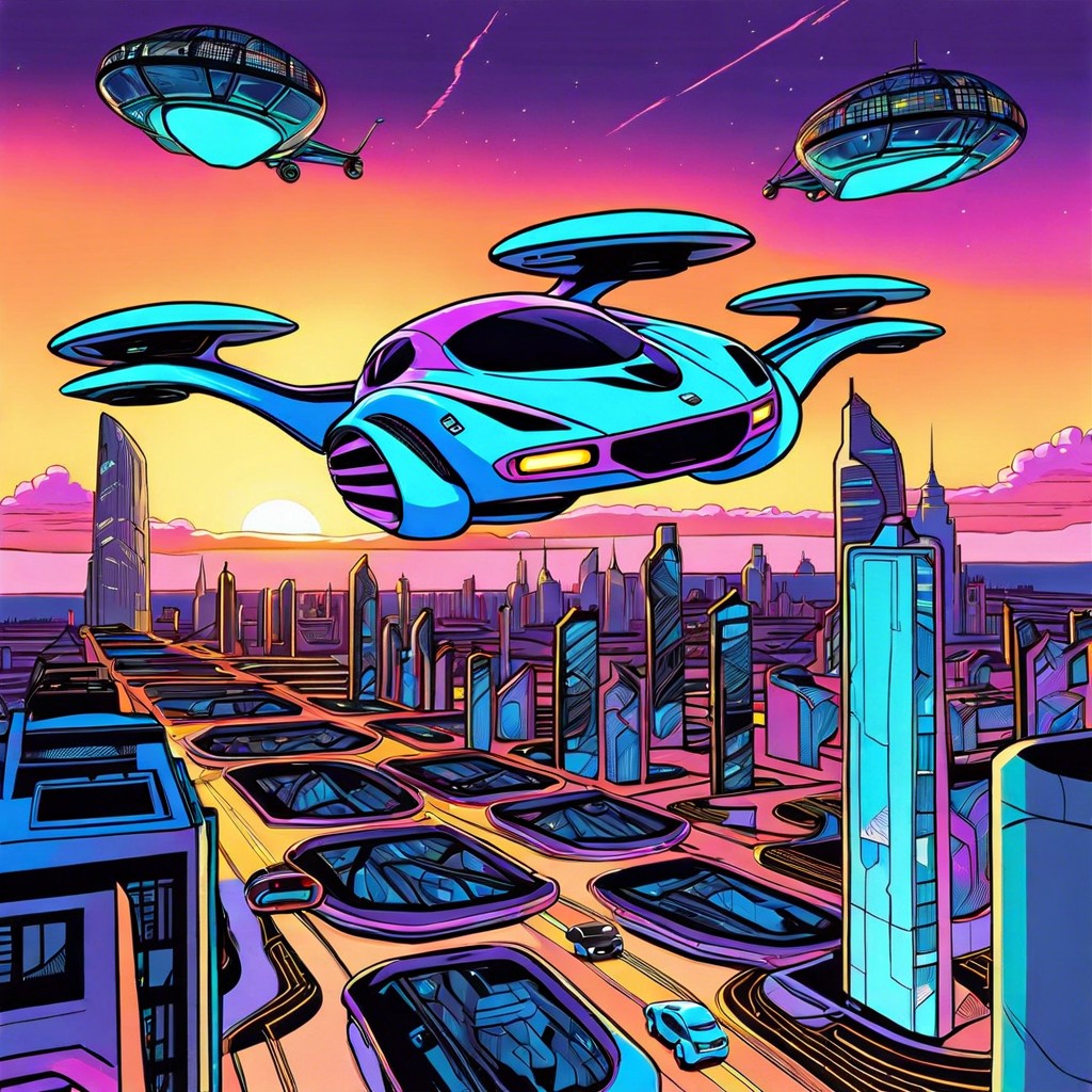 futuristic cityscape with flying cars