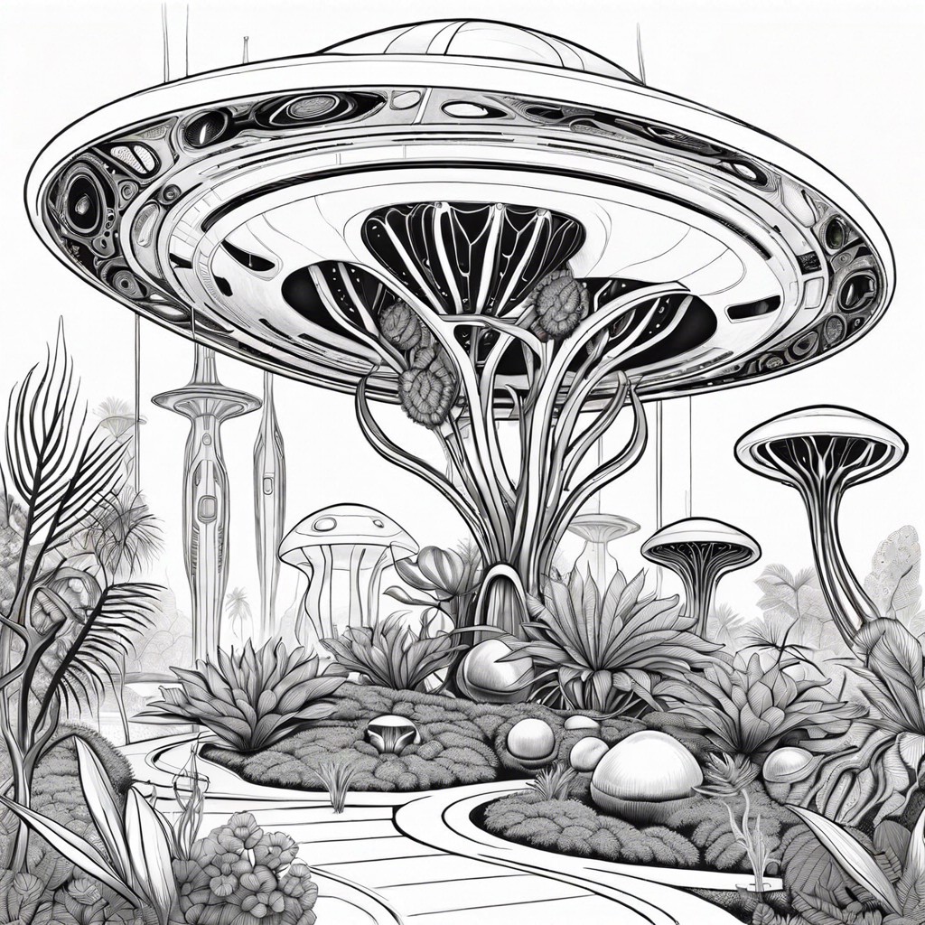 futuristic garden with alien plants