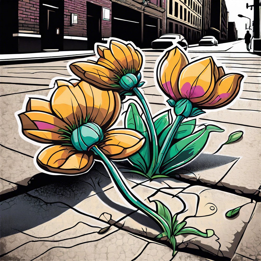 giant flowers growing from concrete cracks