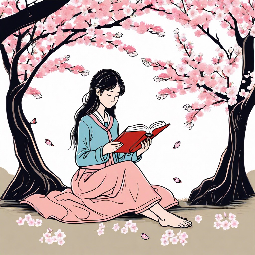 girl reading under a cherry blossom tree