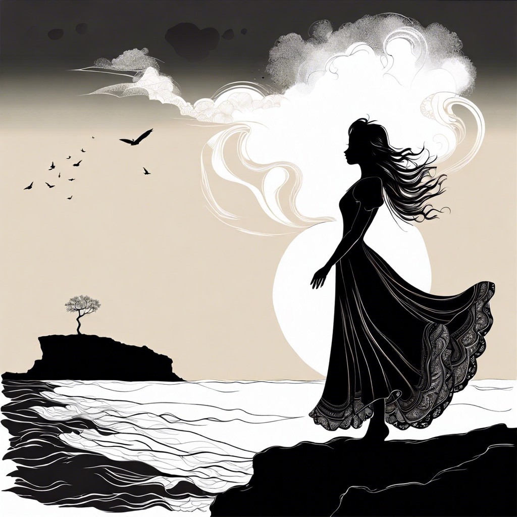 girl with a long flowing dress standing on a cliffside