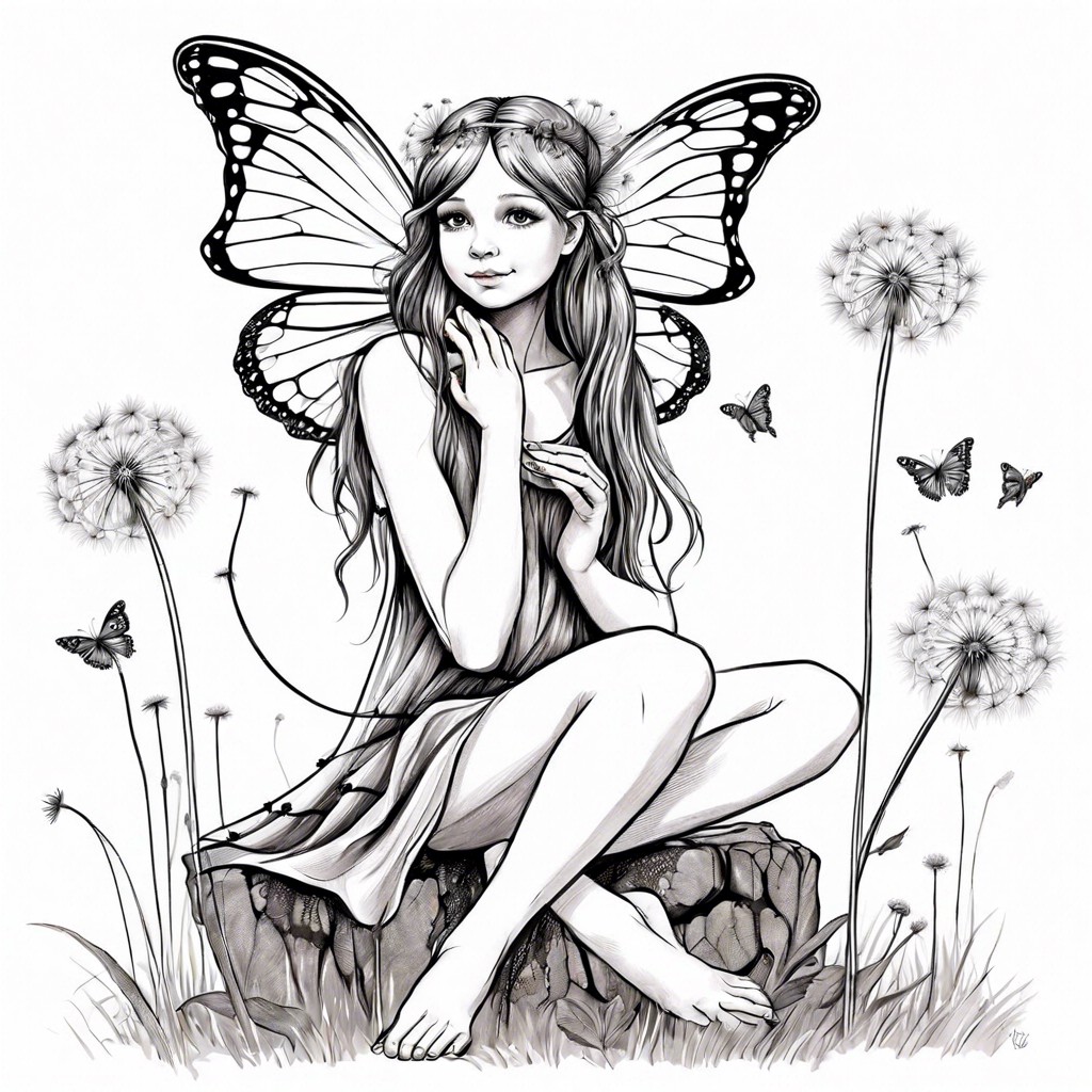 girl with butterfly wings sitting on a dandelion