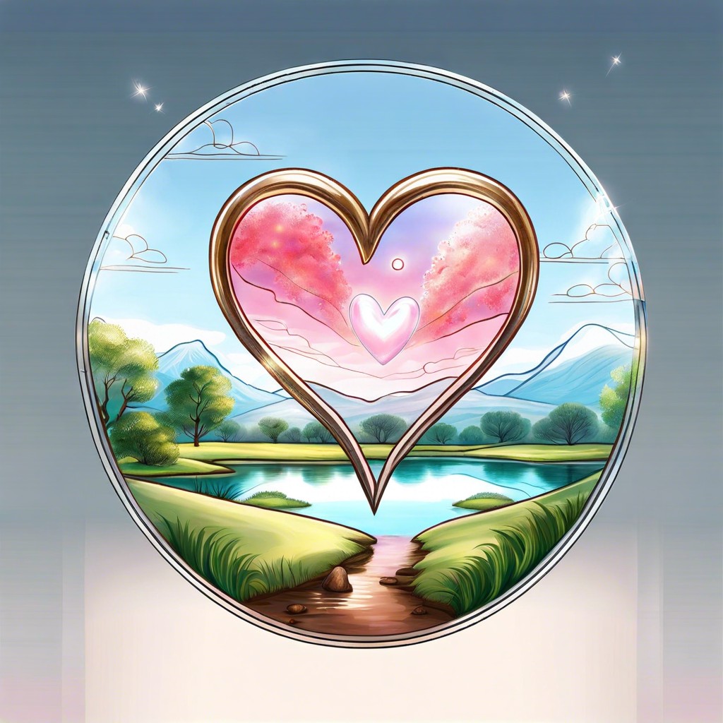 glass heart showing a reflection of a serene landscape