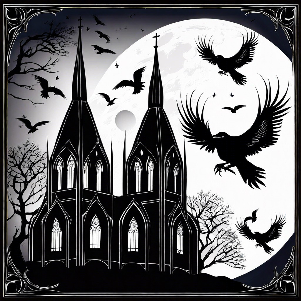 gothic cathedral at midnight with ravens flying around
