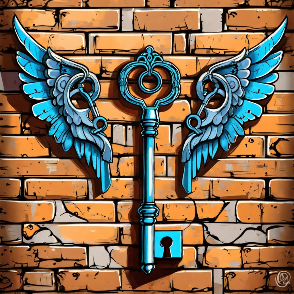 graffiti of antique keys with wings flying across the wall