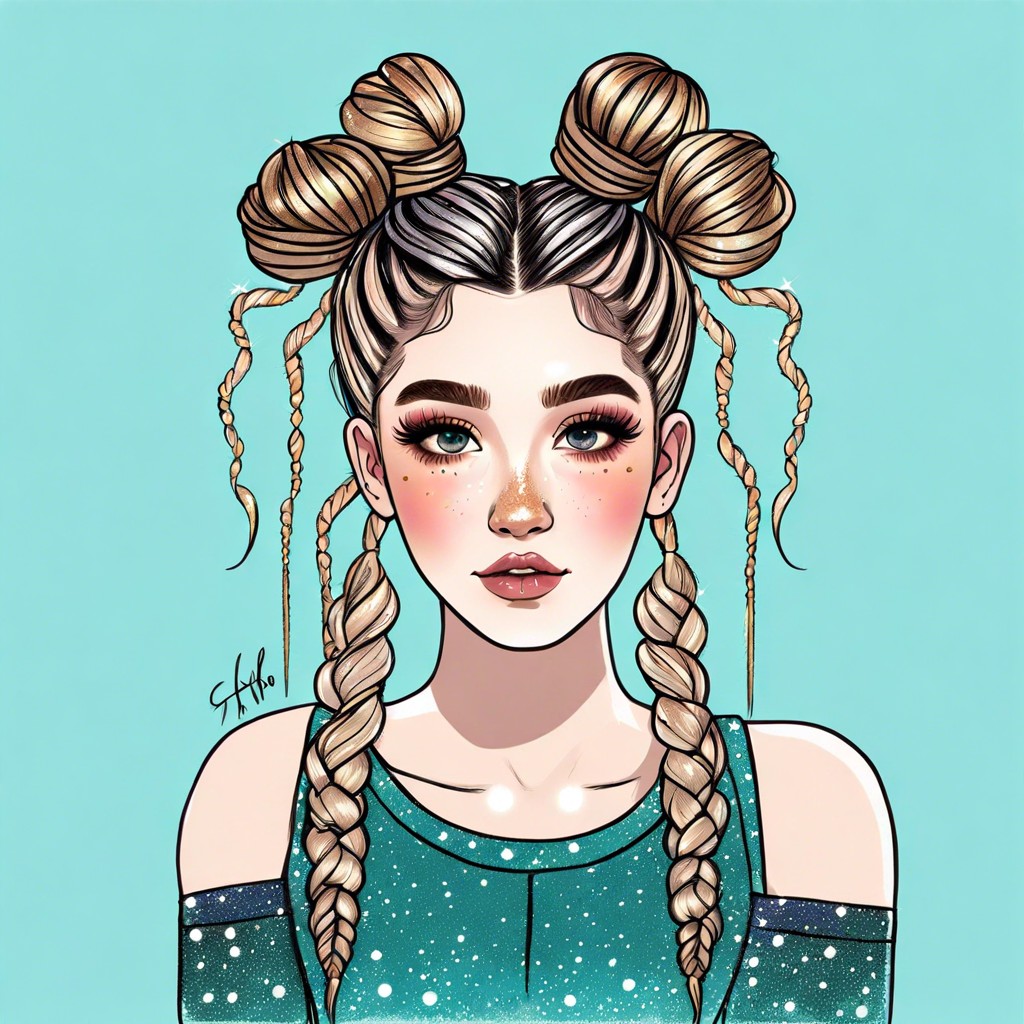 half up space buns with glitter roots